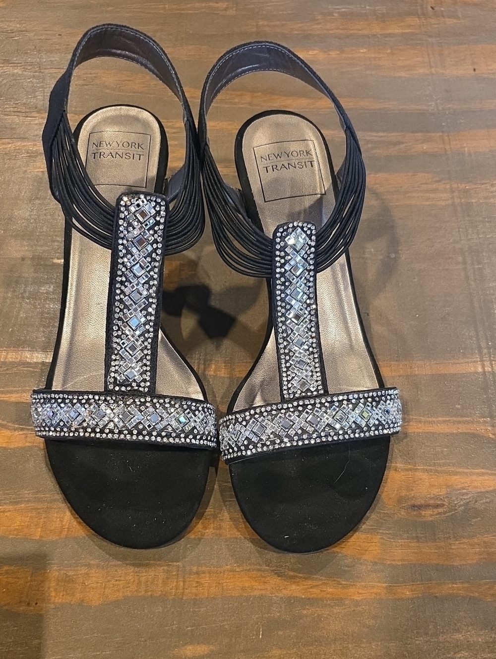 New York Transit Black Beaded T-Strap Slingback Sandals